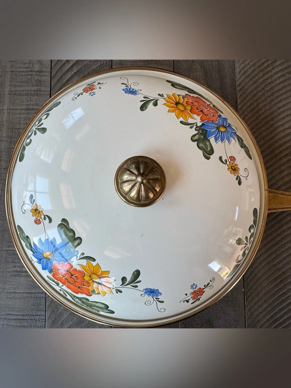 Vintage Villeroy & Boch Floral Farmhouse Enamel Covered Skillet W/Brass Handle